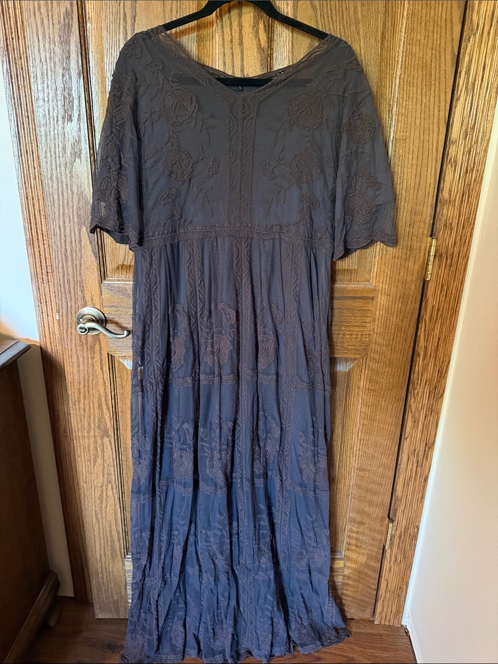 Boho Lace Ruched with Liner Tiered Ruffle Maxi Dress Grey-Size Large